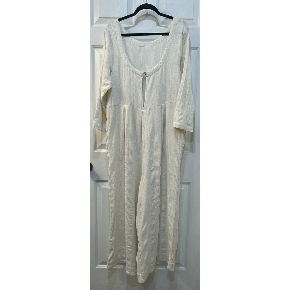 NWT Free People Shiloh One Piece Jumpsuit Sz L Wide Leg Boho Beach Cotton Linen